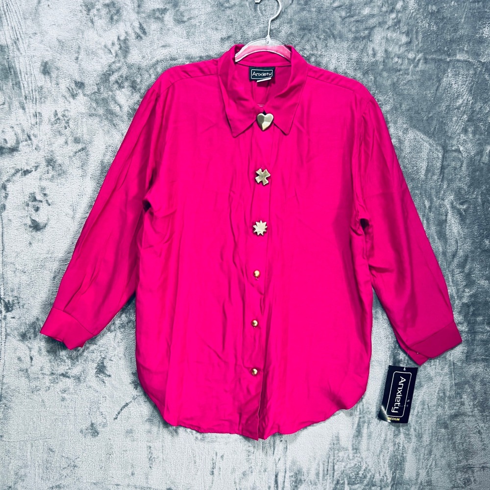 VTG 90s NWT Fushia Statement Button Blouse Heart Star Retro Whimsigoth Ovesized